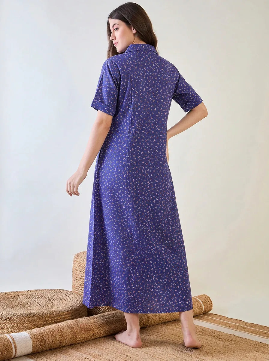 The Kaftan Company Nightdress Periwinkle Blue Floral Cotton Collared Nightdress with Pockets