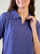The Kaftan Company Nightdress Periwinkle Blue Floral Cotton Collared Nightdress with Pockets