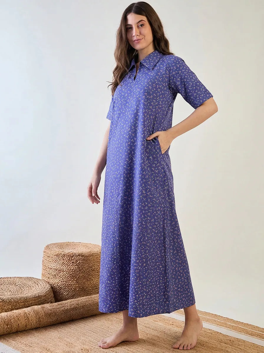 The Kaftan Company Nightdress Periwinkle Blue Floral Cotton Collared Nightdress with Pockets
