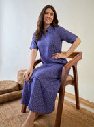 The Kaftan Company Nightdress Periwinkle Blue Floral Cotton Collared Nightdress with Pockets