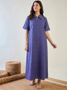 The Kaftan Company Nightdress Periwinkle Blue Floral Cotton Collared Nightdress with Pockets