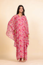 The Kaftan Company Nightdress Pink and Magenta Rose Print Georgette Kaftan Dress