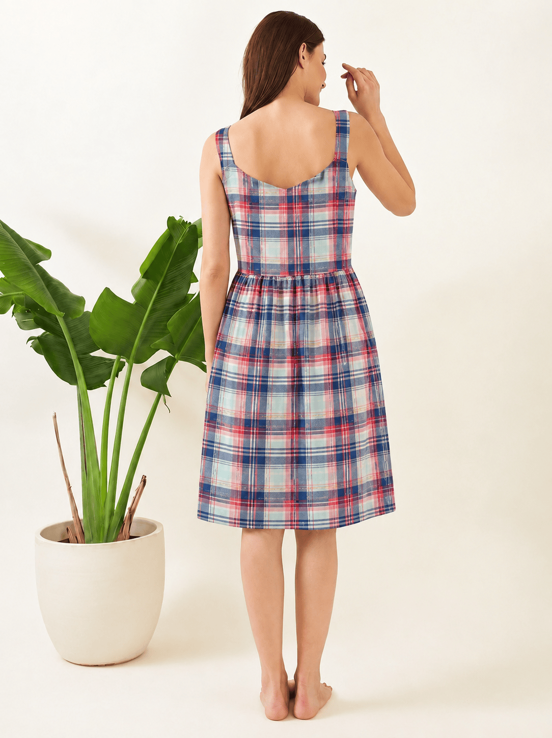 The Kaftan Company Nightdress Pink and Teal Checked Cotton Sleeveless Nightdress with Lace Straps