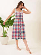 The Kaftan Company Nightdress Pink and Teal Checked Cotton Sleeveless Nightdress with Lace Straps
