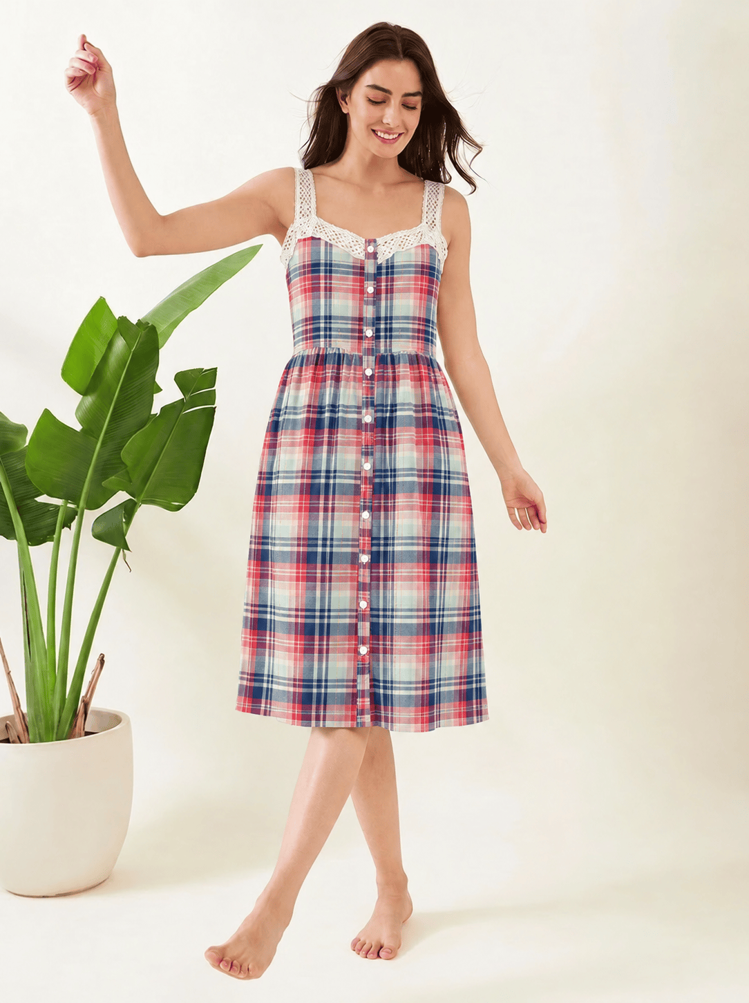 The Kaftan Company Nightdress Pink and Teal Checked Cotton Sleeveless Nightdress with Lace Straps
