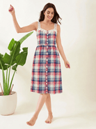 The Kaftan Company Nightdress Pink and Teal Checked Cotton Sleeveless Nightdress with Lace Straps