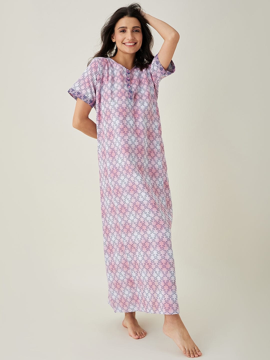 The Kaftan Company Nightdress Pink and White Tie dye embroidered Nightdress