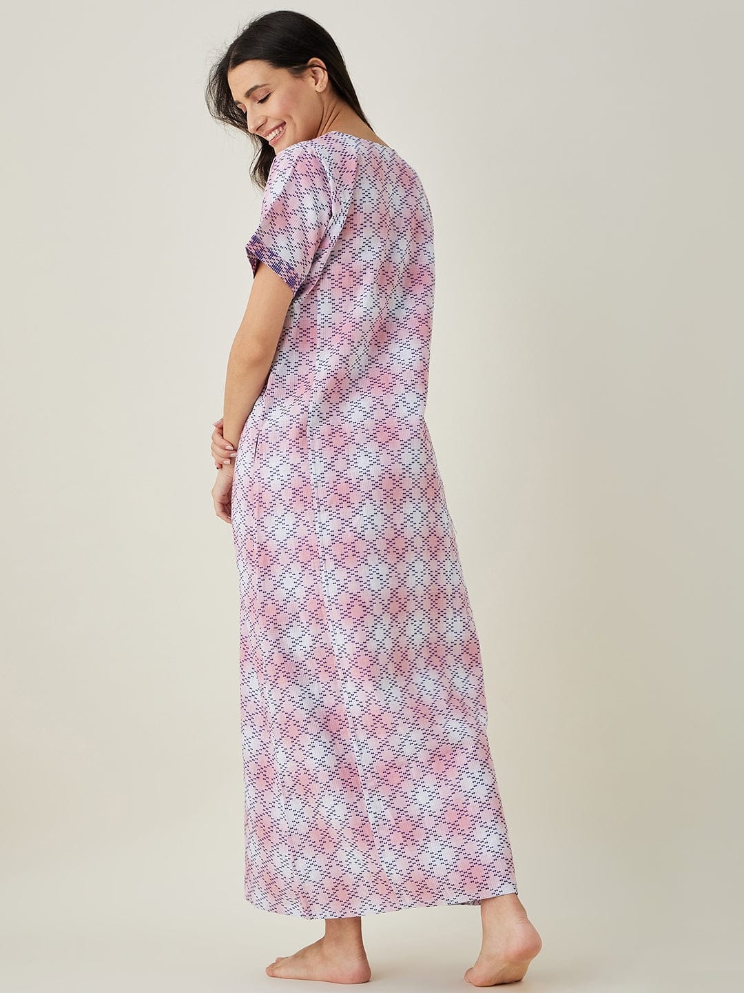 The Kaftan Company Nightdress Pink and White Tie dye embroidered Nightdress