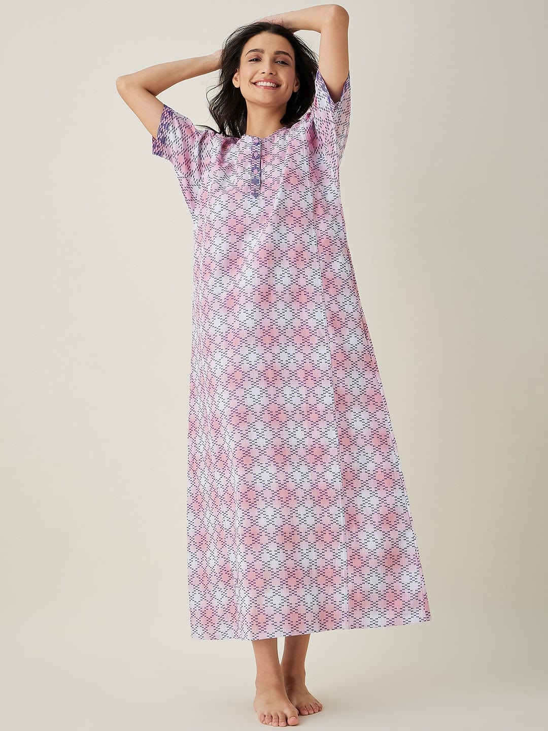 The Kaftan Company Nightdress Pink and White Tie dye embroidered Nightdress