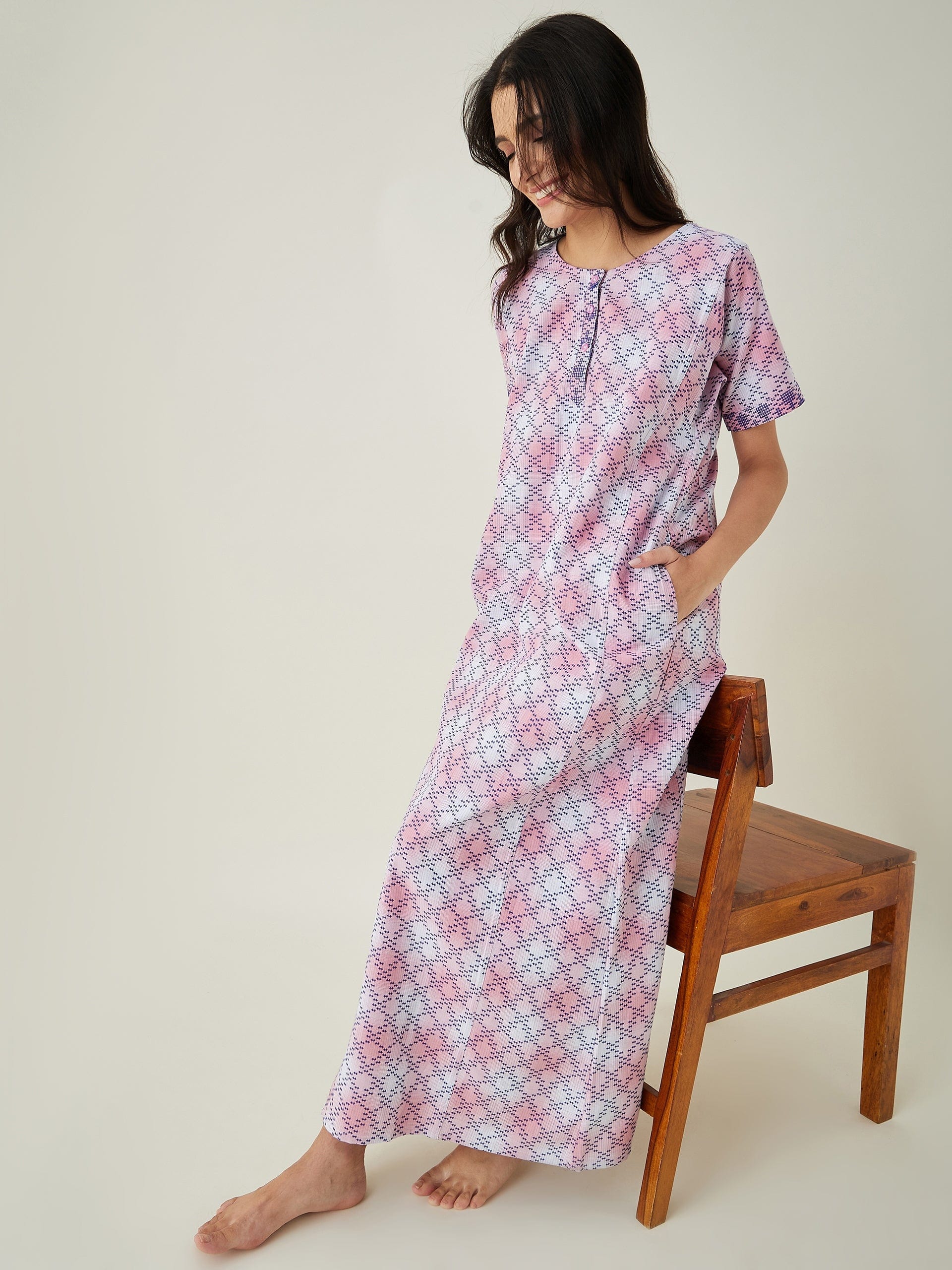 The Kaftan Company Nightdress Pink and White Tie dye embroidered Nightdress