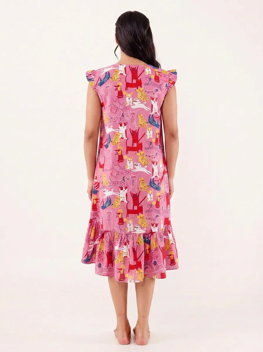 The Kaftan Company Nightdress Pink Animal Print Nightdress with Ruffle Sleeves