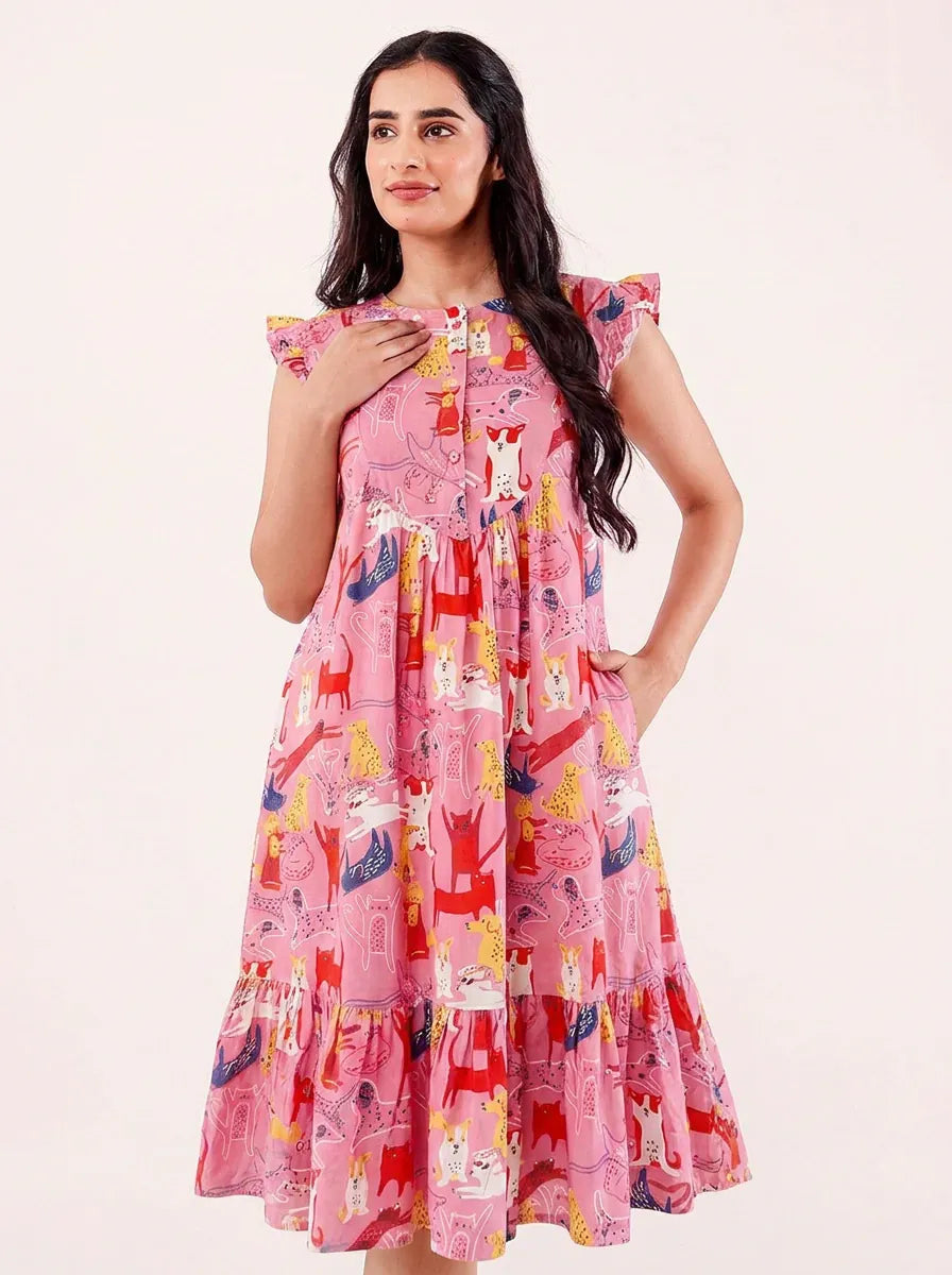 The Kaftan Company Nightdress Pink Animal Print Nightdress with Ruffle Sleeves