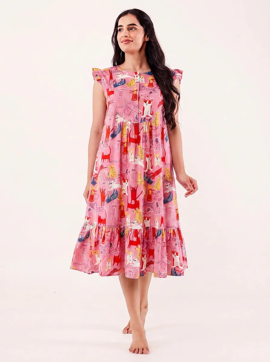 The Kaftan Company Nightdress Pink Animal Print Nightdress with Ruffle Sleeves