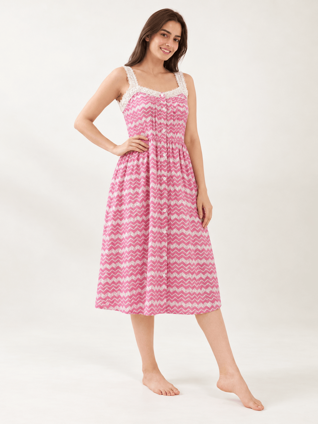 The Kaftan Company Nightdress Pink Chevron Viscose Rayon Sleeveless Nightdress with Lace Straps