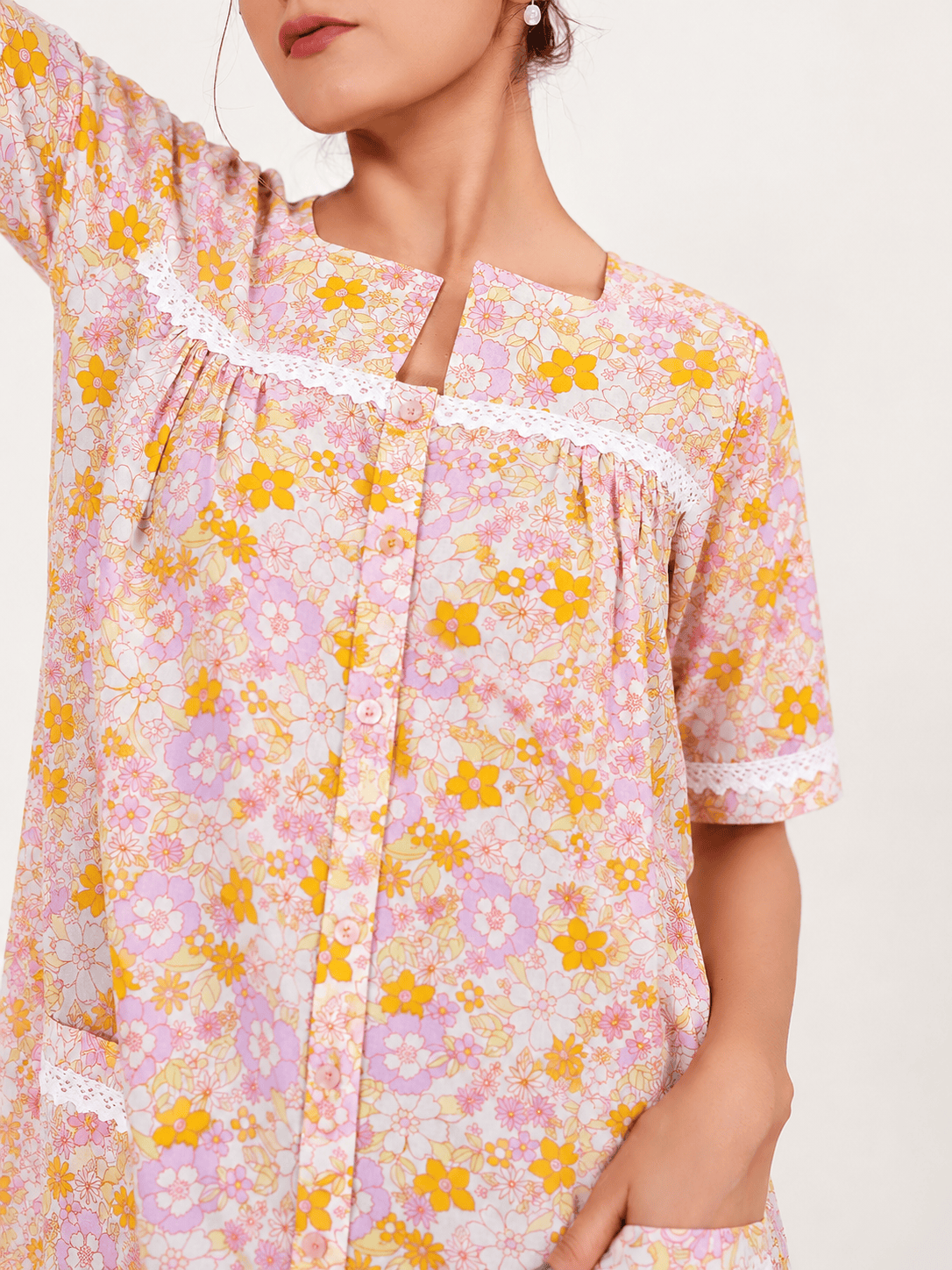 The Kaftan Company Nightdress Pink Floral Cotton Button-Front Nightdress with Lace Trim