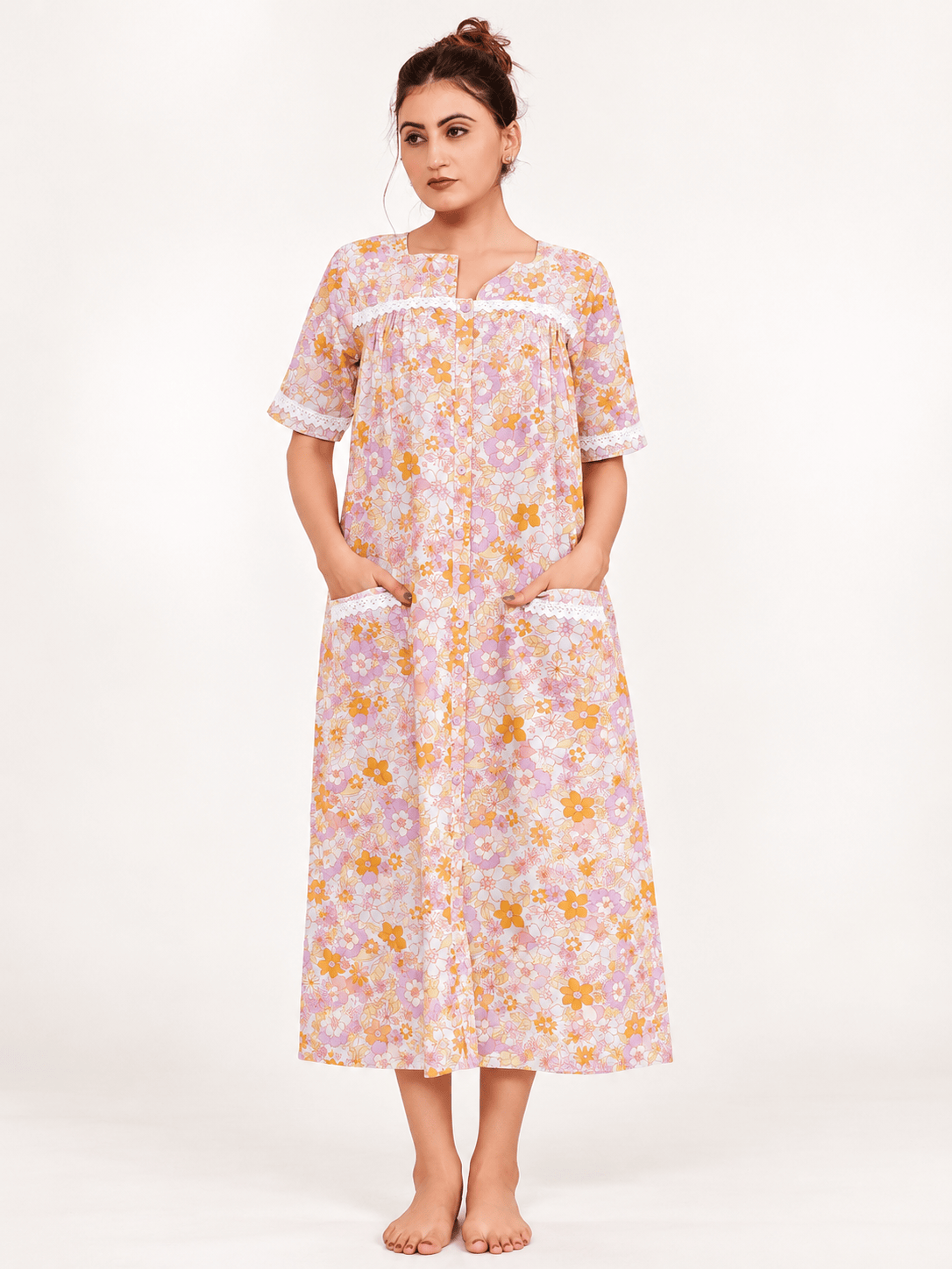 The Kaftan Company Nightdress Pink Floral Cotton Button-Front Nightdress with Lace Trim