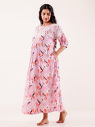 The Kaftan Company Nightdress Pink Floral Printed Maternity Nightgown with Feeding Zipper & Pockets