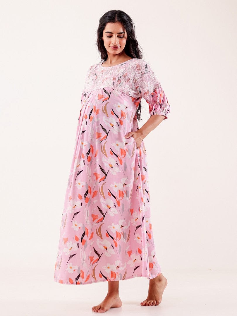 The Kaftan Company Nightdress Pink Floral Printed Maternity Nightgown with Feeding Zipper & Pockets