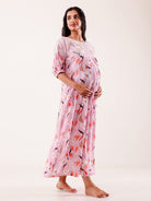 The Kaftan Company Nightdress Pink Floral Printed Maternity Nightgown with Feeding Zipper & Pockets