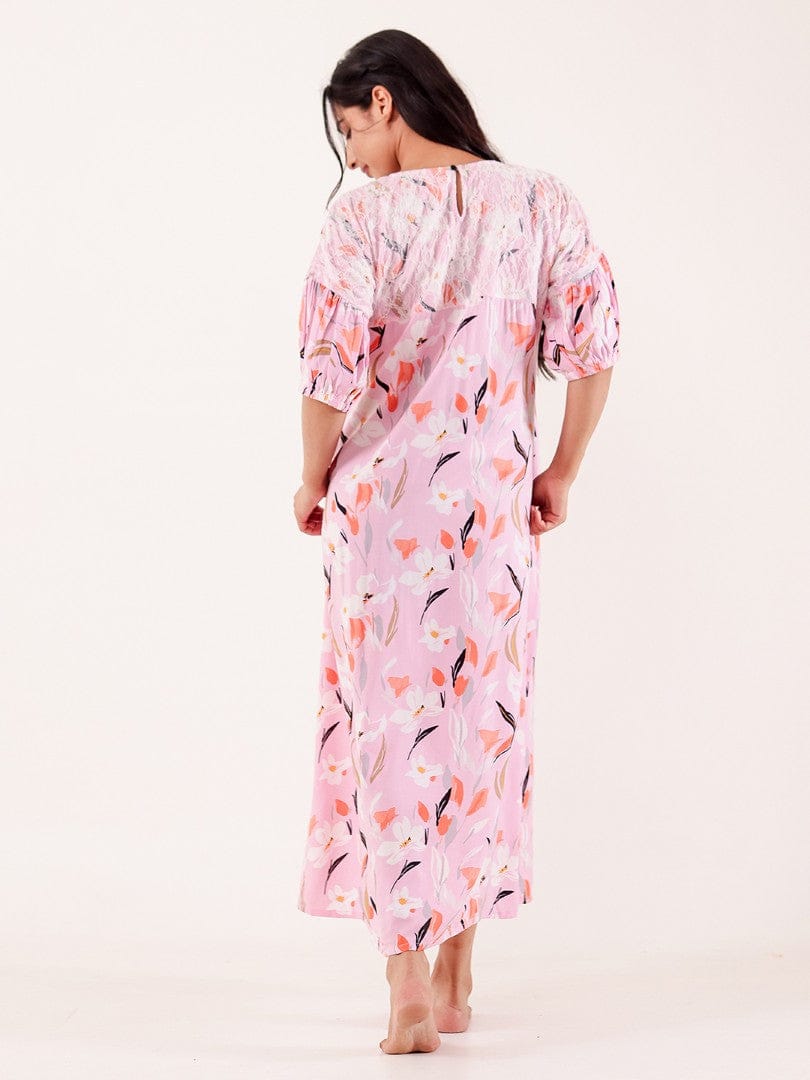 The Kaftan Company Nightdress Pink Floral Printed Maternity Nightgown with Feeding Zipper & Pockets
