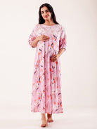 The Kaftan Company Nightdress Pink Floral Printed Maternity Nightgown with Feeding Zipper & Pockets