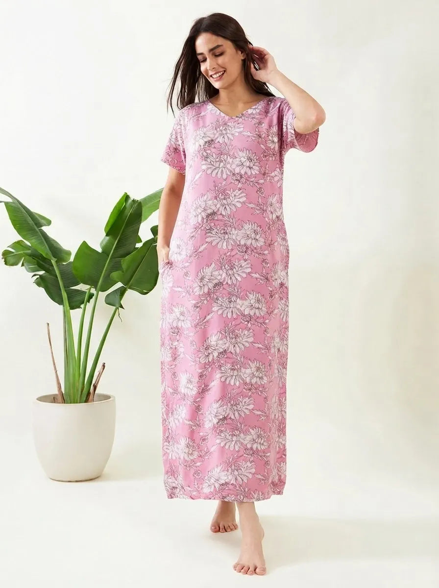 The Kaftan Company Nightdress Pink Floral Sketch Print Viscose Nightdress with Pockets