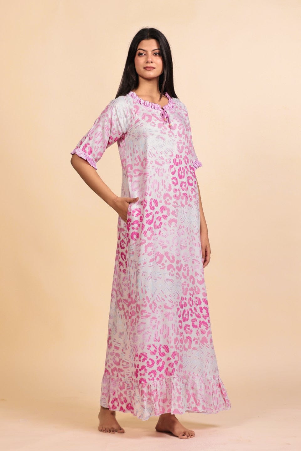 The Kaftan Company Nightdress Pink Leopard Print Viscose Nighty with Ruffled Trim