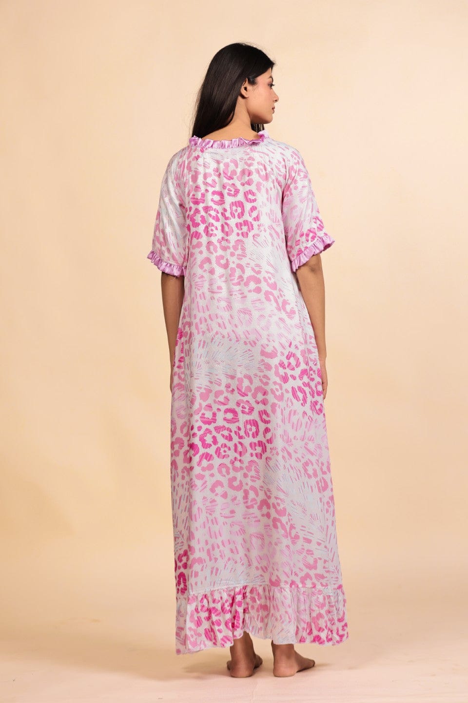 The Kaftan Company Nightdress Pink Leopard Print Viscose Nighty with Ruffled Trim