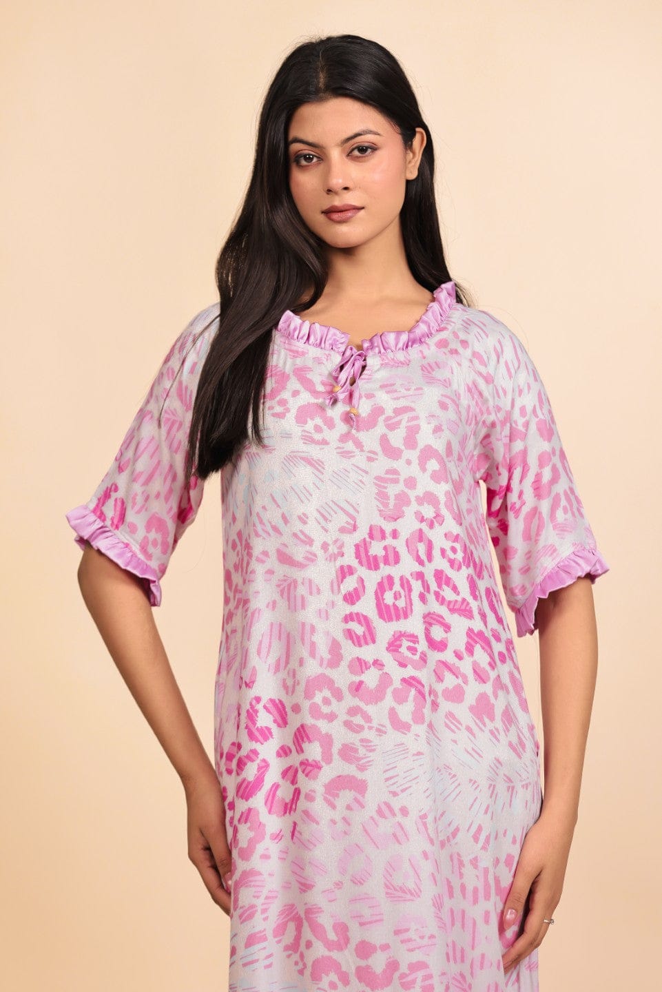 The Kaftan Company Nightdress Pink Leopard Print Viscose Nighty with Ruffled Trim