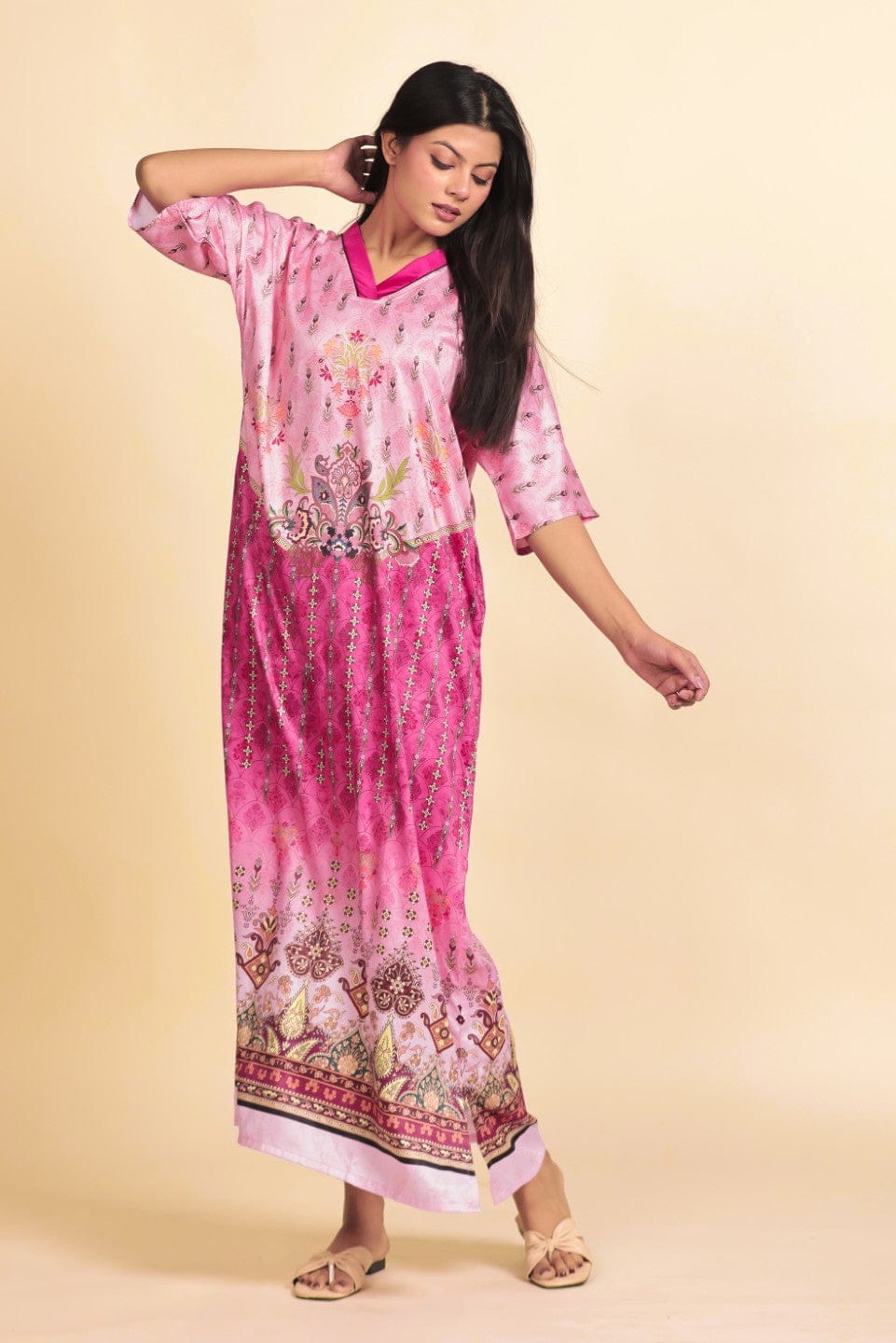 maxi night dress Pink Ornate Persian-Inspired Print Satin Maxi Nightdress 3XL
