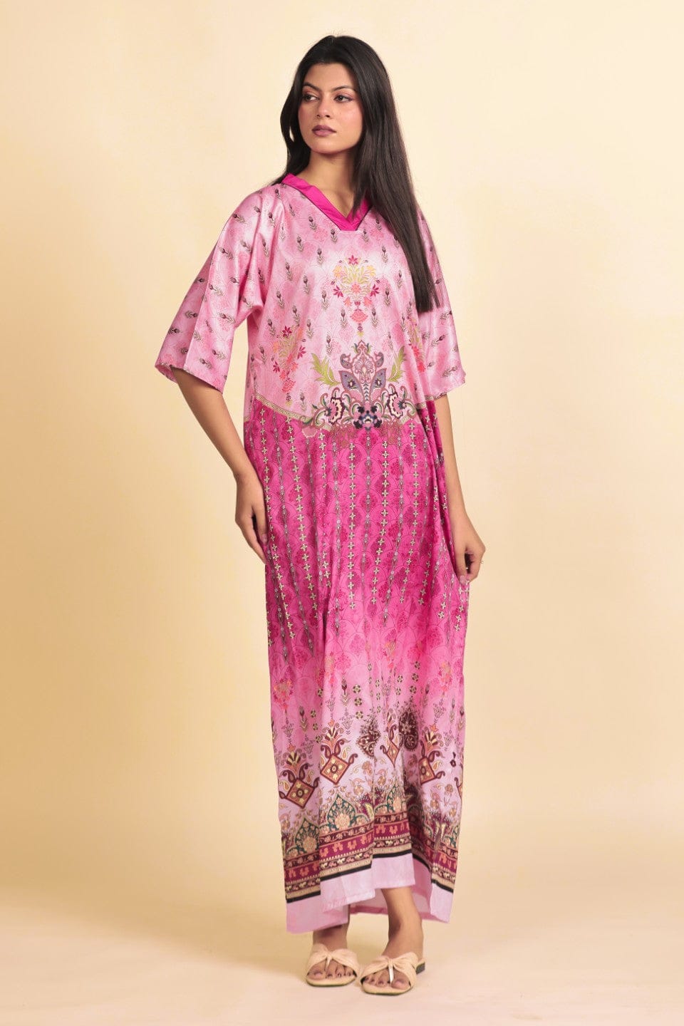 The Kaftan Company Nightdress Pink Ornate Persian-Inspired Print Satin Maxi Nightdress