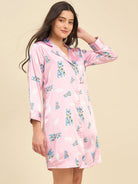 The Kaftan Company Nightdress Pink Satin Sleepshirt with Airplane Print
