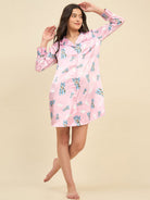 The Kaftan Company Nightdress Pink Satin Sleepshirt with Airplane Print