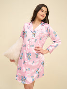 The Kaftan Company Nightdress Pink Satin Sleepshirt with Airplane Print