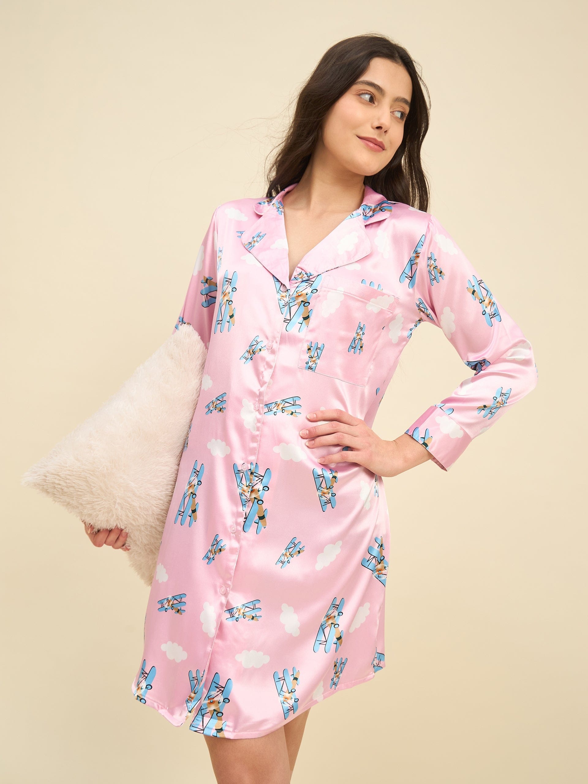The Kaftan Company Nightdress Pink Satin Sleepshirt with Airplane Print
