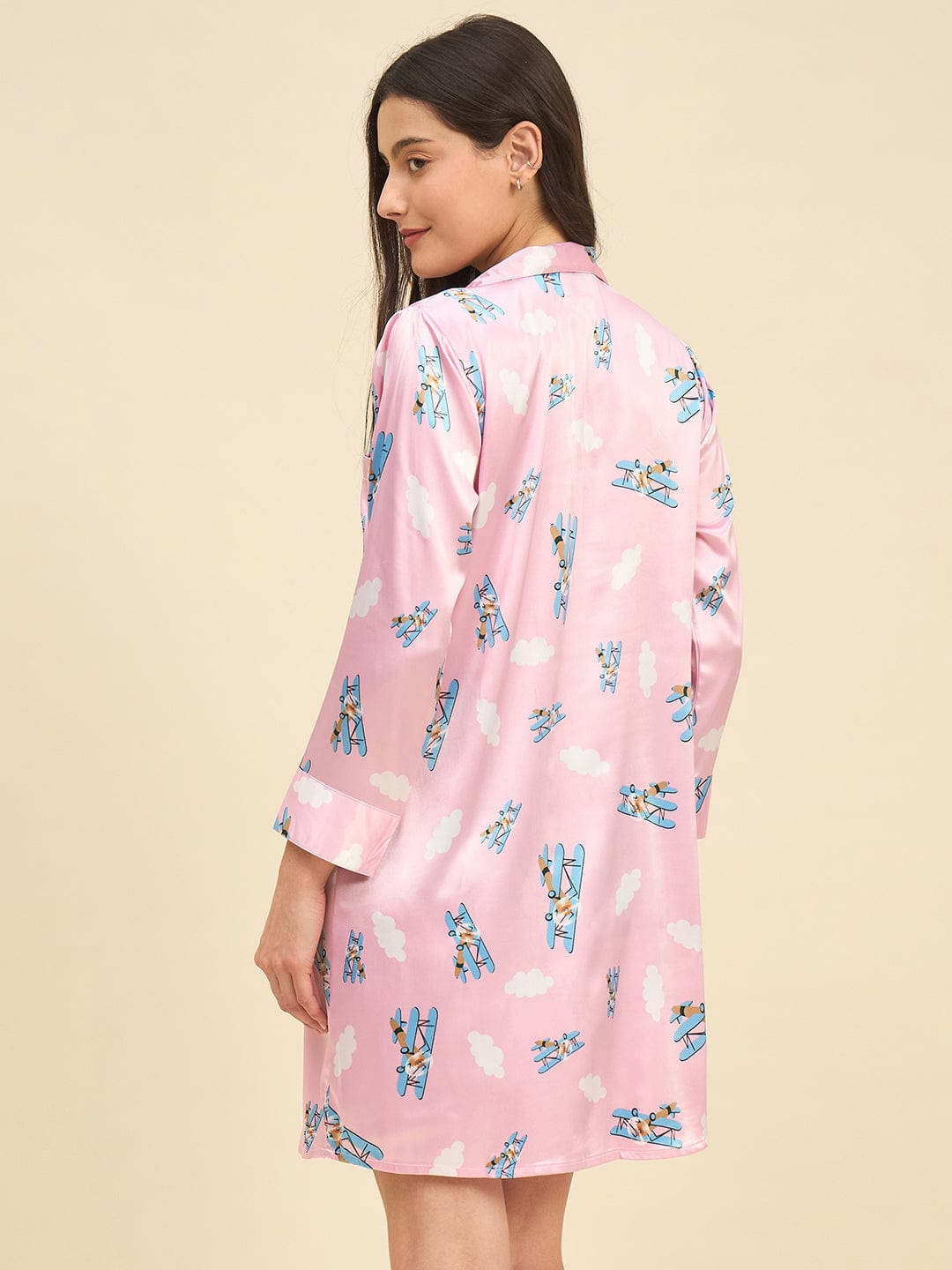 The Kaftan Company Nightdress Pink Satin Sleepshirt with Airplane Print
