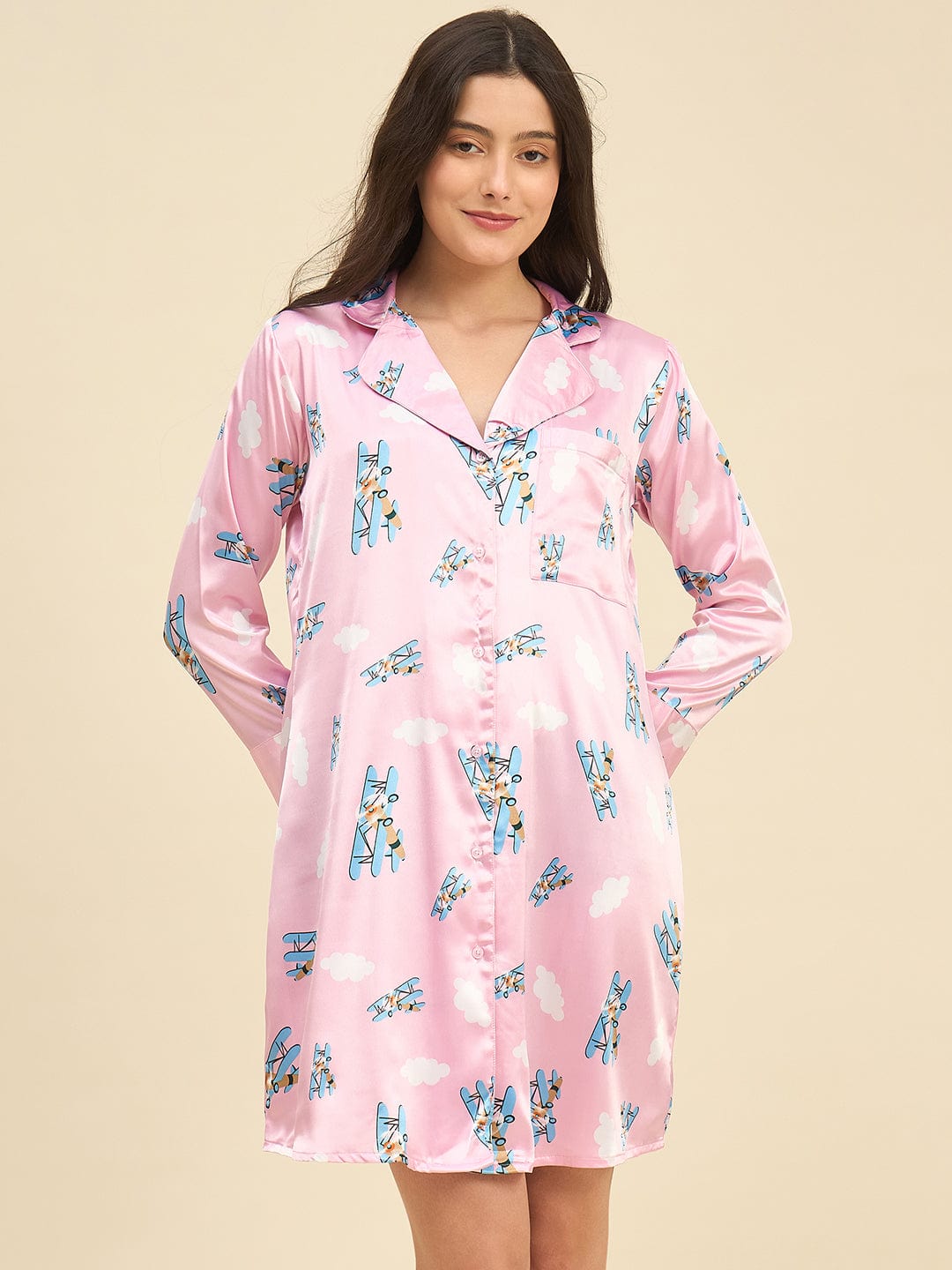 The Kaftan Company Nightdress Pink Satin Sleepshirt with Airplane Print