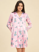 The Kaftan Company Nightdress Pink Satin Sleepshirt with Airplane Print