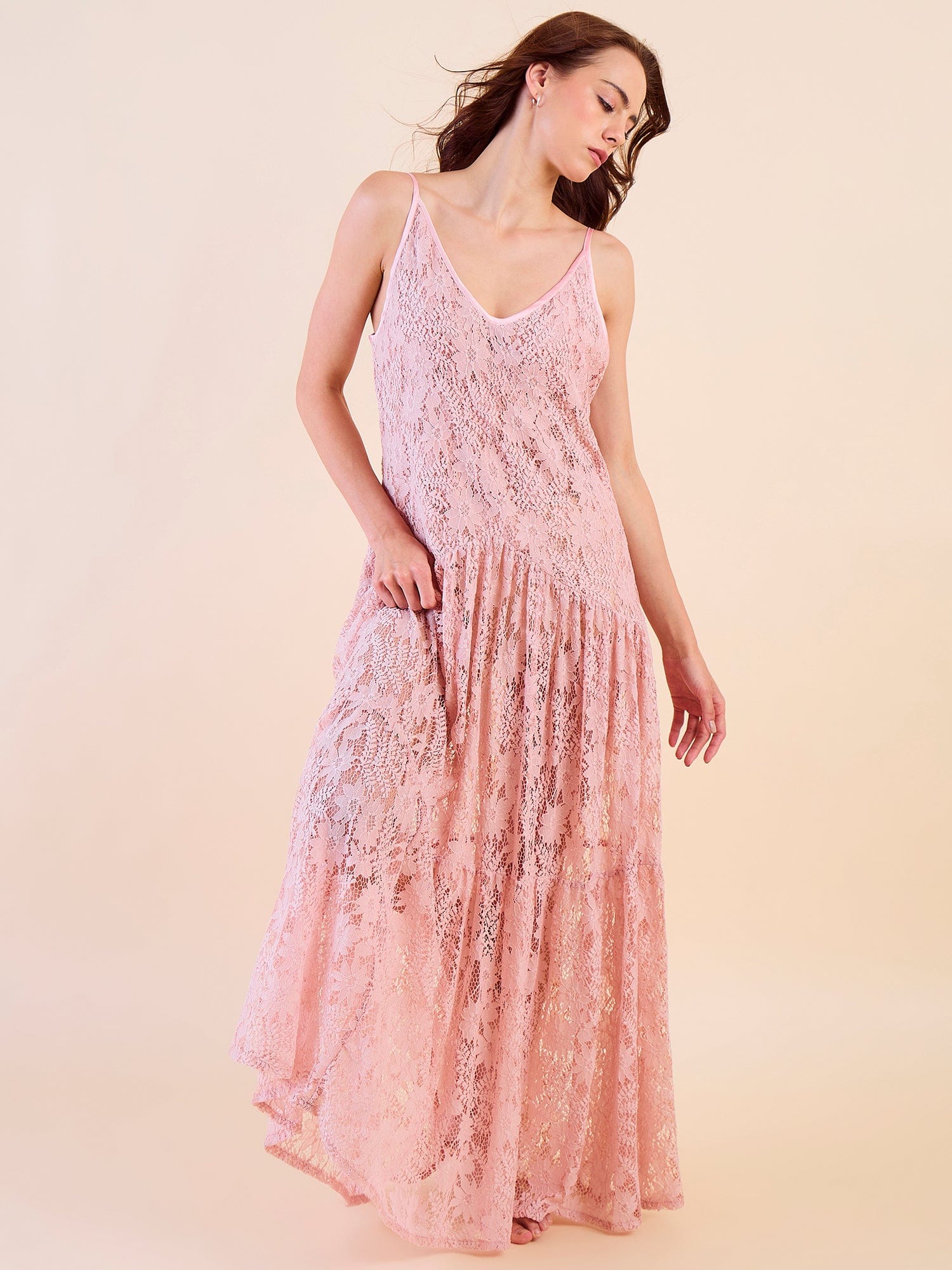 Pink Strappy Nightdress Bridal Lace, Flowy Gown Style 3XL Pink Strappy Nightdress Bridal Lace, Flowy Gown Style 3XL