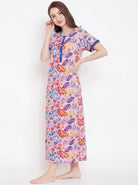 The Kaftan Company Nightdress Pink Tropical Leaf Print Cotton Nightdress with Blue Contrast Placket
