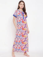 The Kaftan Company Nightdress Pink Tropical Leaf Print Cotton Nightdress with Blue Contrast Placket