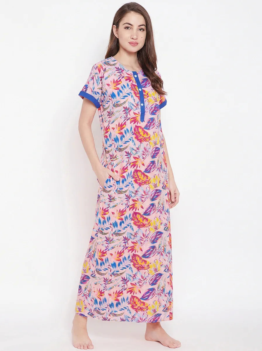 The Kaftan Company Nightdress Pink Tropical Leaf Print Cotton Nightdress with Blue Contrast Placket