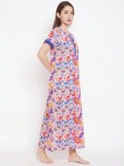 The Kaftan Company Nightdress Pink Tropical Leaf Print Cotton Nightdress with Blue Contrast Placket