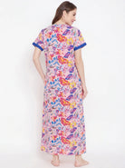 The Kaftan Company Nightdress Pink Tropical Leaf Print Cotton Nightdress with Blue Contrast Placket
