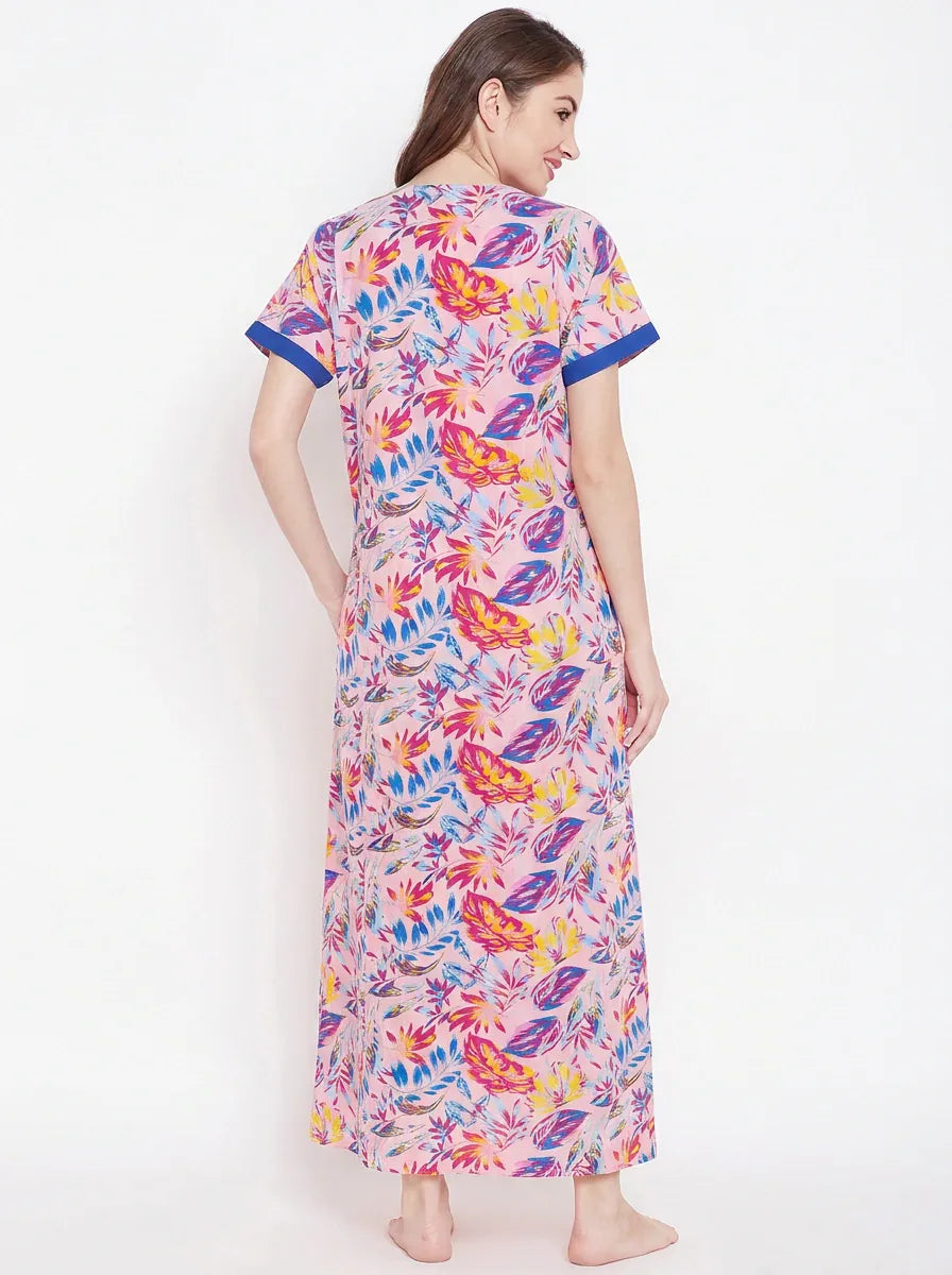 The Kaftan Company Nightdress Pink Tropical Leaf Print Cotton Nightdress with Blue Contrast Placket