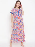 The Kaftan Company Nightdress Pink Tropical Leaf Print Cotton Nightdress with Blue Contrast Placket