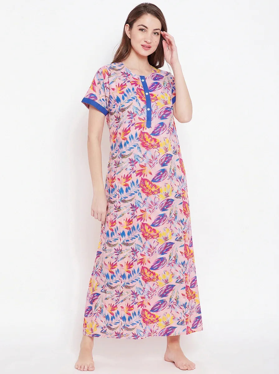 The Kaftan Company Nightdress Pink Tropical Leaf Print Cotton Nightdress with Blue Contrast Placket