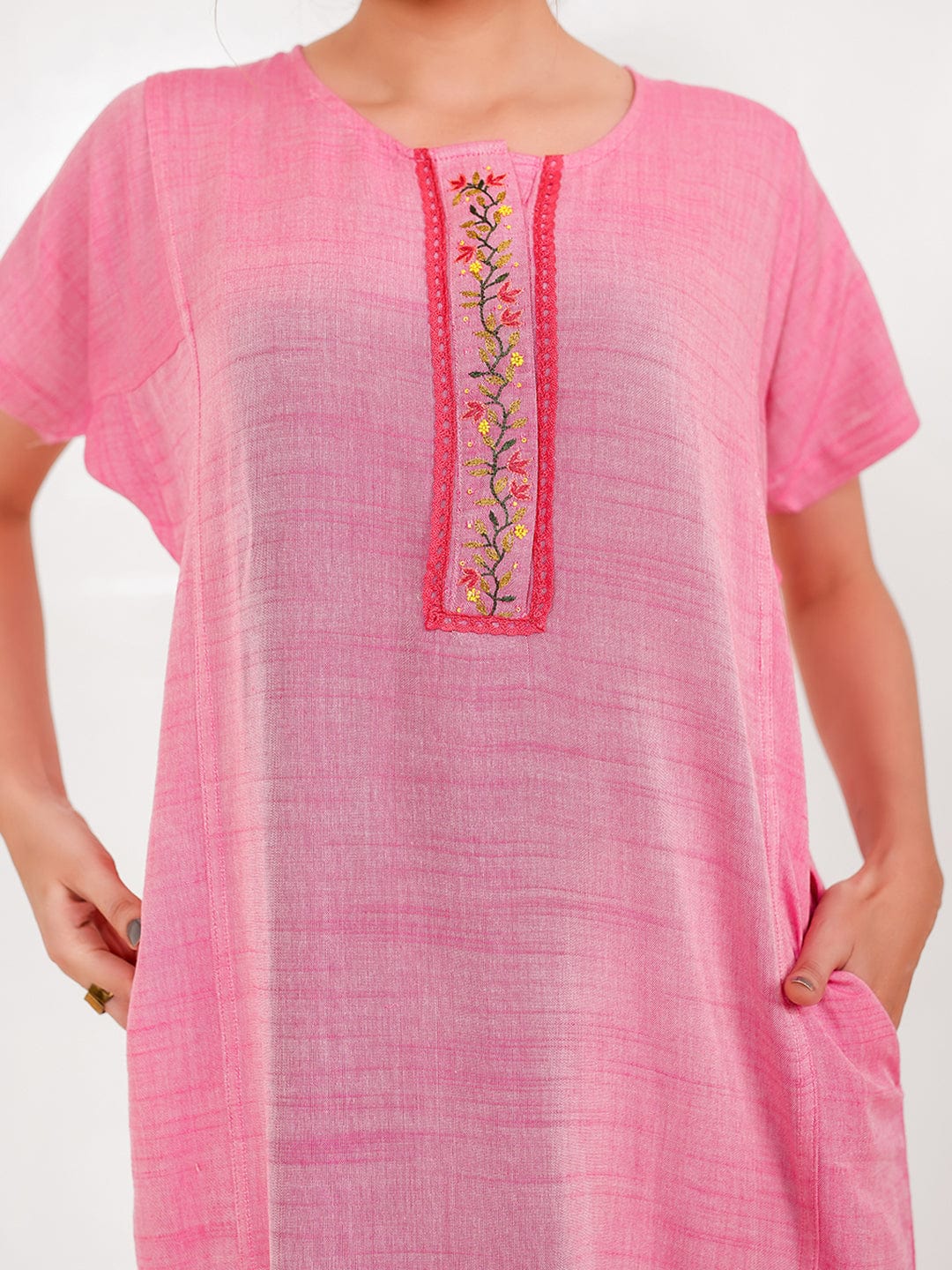 The Kaftan Company Nightdress Pink Viscose-Linen Nightdress – Hand-Embroidered Placket