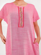The Kaftan Company Nightdress Pink Viscose-Linen Nightdress – Hand-Embroidered Placket