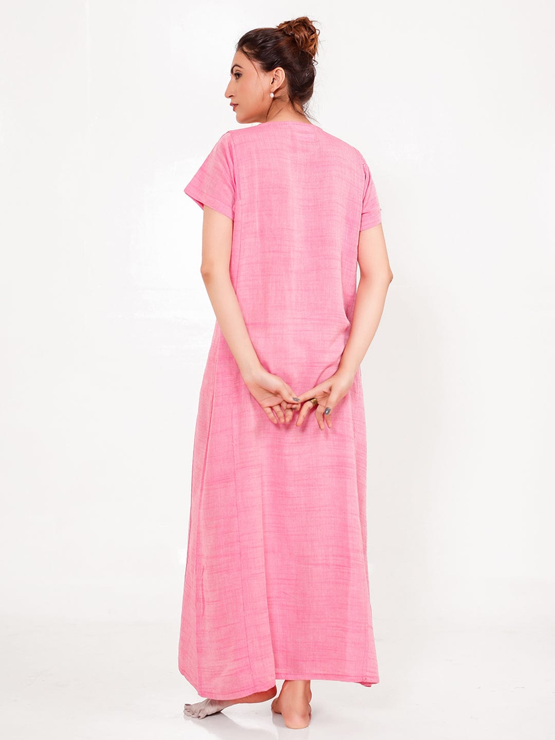 The Kaftan Company Nightdress Pink Viscose-Linen Nightdress – Hand-Embroidered Placket